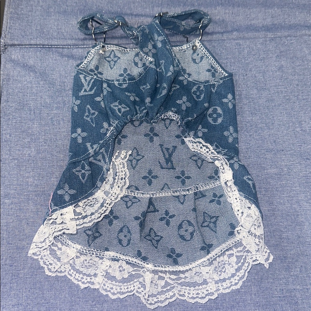 Blue Denim Doggy Dress with Lace Trim - Picture 4 of 6